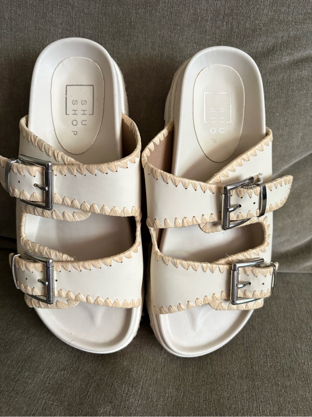 ShuShop Cream White Double-Buckle Sandals with Tan Stitching